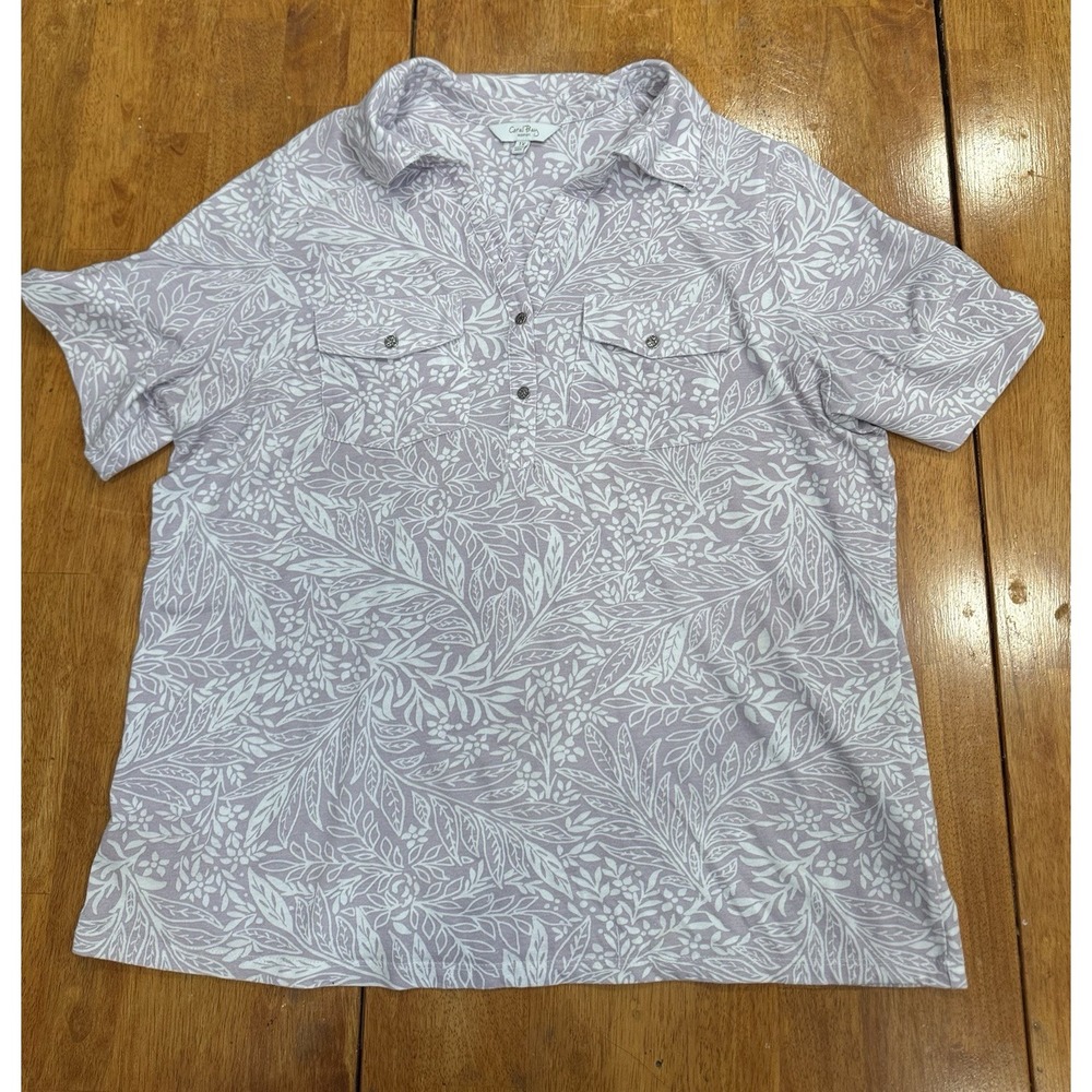 Coral Bay Woman Top 3/4 Button Collar, Button Tab Sleeves Floral Size 1x
